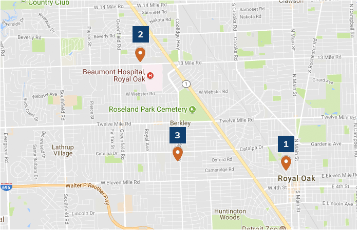 Map of Metro Detroit area zoomed in on Royal Oak and Berkeley showing community locations